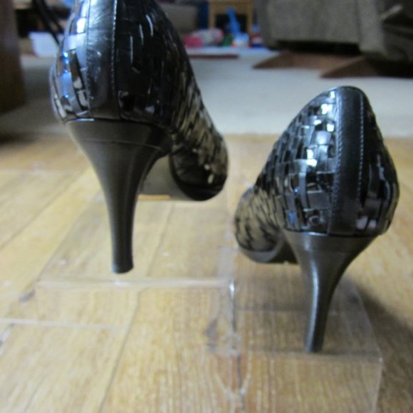 Cole Haan Black Leather Woven Peep-Toe Heels - Picture 2 of 8